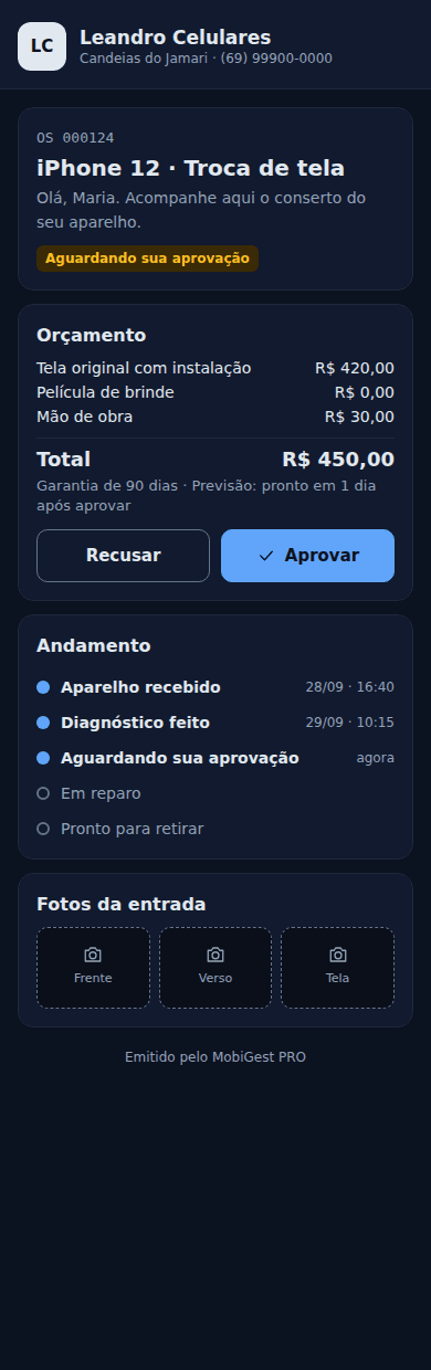 Tela no celular: Link da OS que o cliente abre