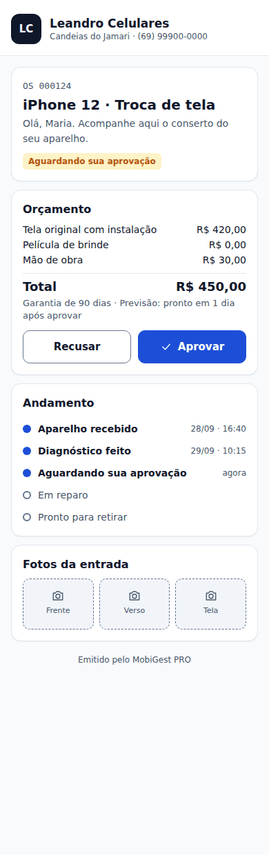 Tela no celular: Link da OS que o cliente abre